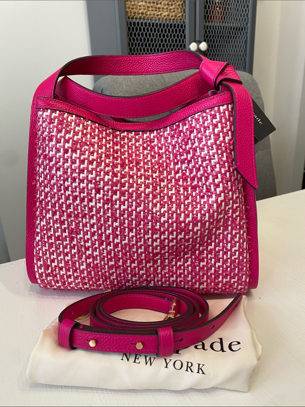 Kate Spade Knott Raffia Tweed Crossbody Satchel, Wild Raspberry Pink Bag NWT